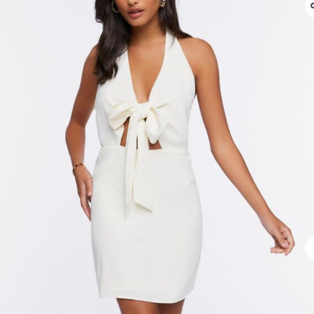 Halter Cutout Mini Dress - Tie Front Deep V-Neck Party Dress, Little White Dress